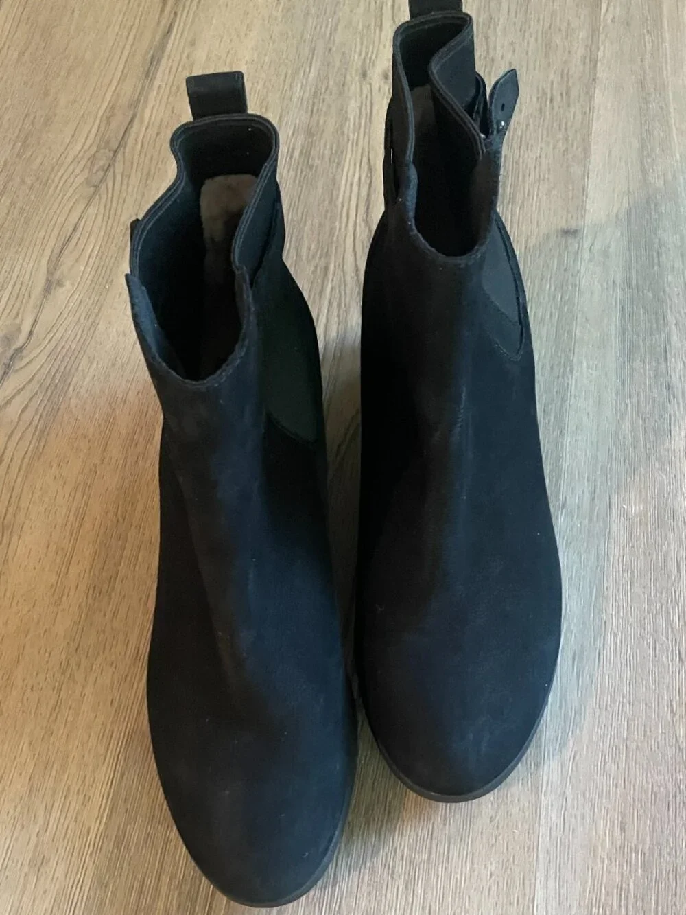 Ugg Women's Black Leather Adjustable Ankle Booties Sherpa Inside Wedge 9